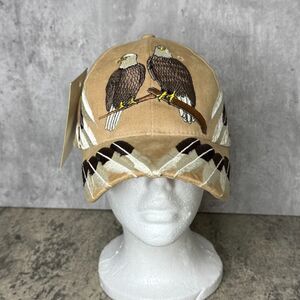 VTG Racoon Lake Hat OS Tan Eagle Feathers Embroidered Shasta Wear Cap NWT